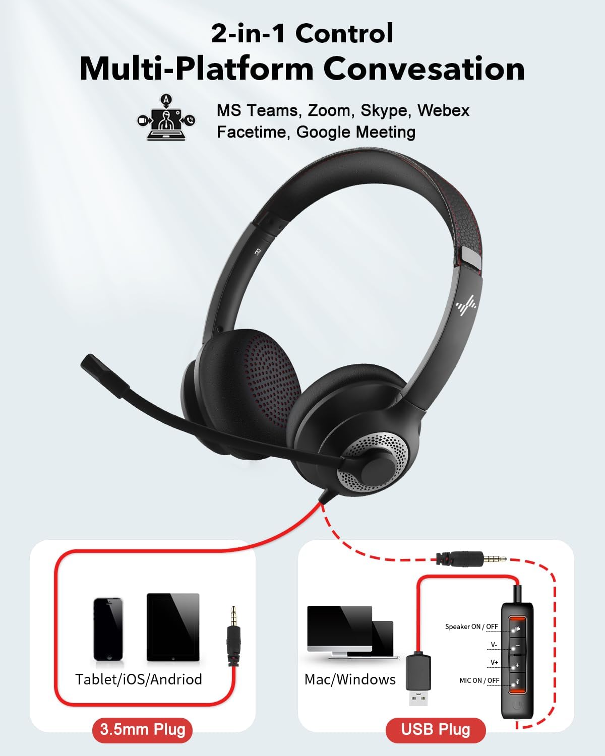 Auriculares USB con micrófono para PC, auriculares para computadora portátil con cancelación de ruido, control en línea para oficina en casa, clase en línea, zoom de Skype (USB+0.138 in.