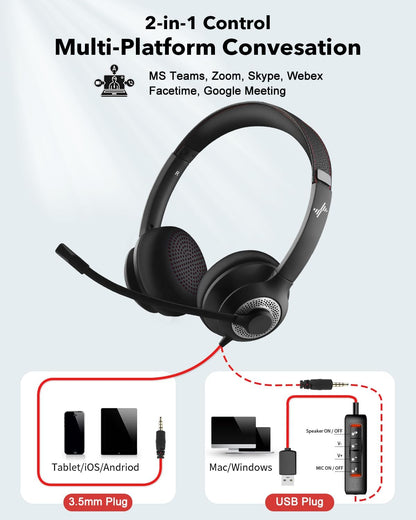 Auriculares USB con micrófono para PC, auriculares para computadora portátil con cancelación de ruido, control en línea para oficina en casa, clase en línea, zoom de Skype (USB+0.138 in.